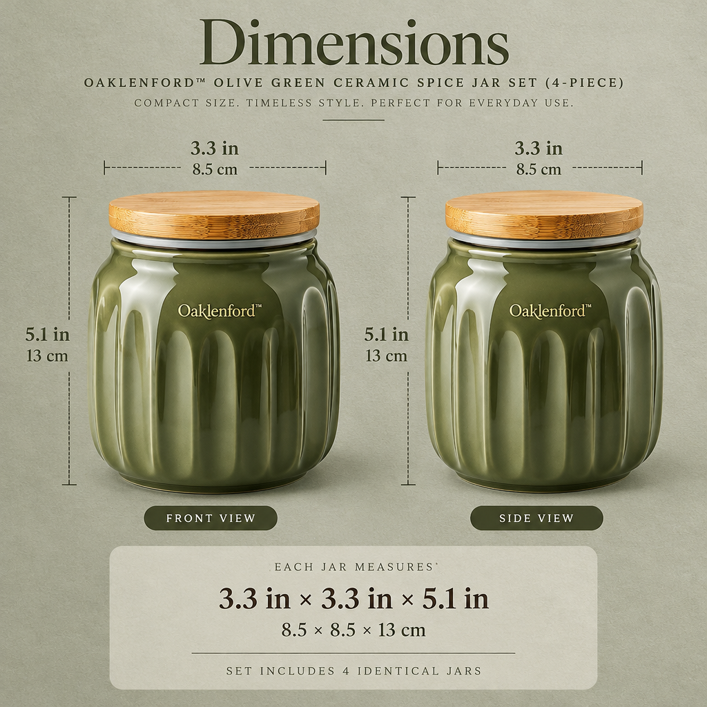 Oaklenford™ Olive Green Ceramic Spice Jar Set dimensions