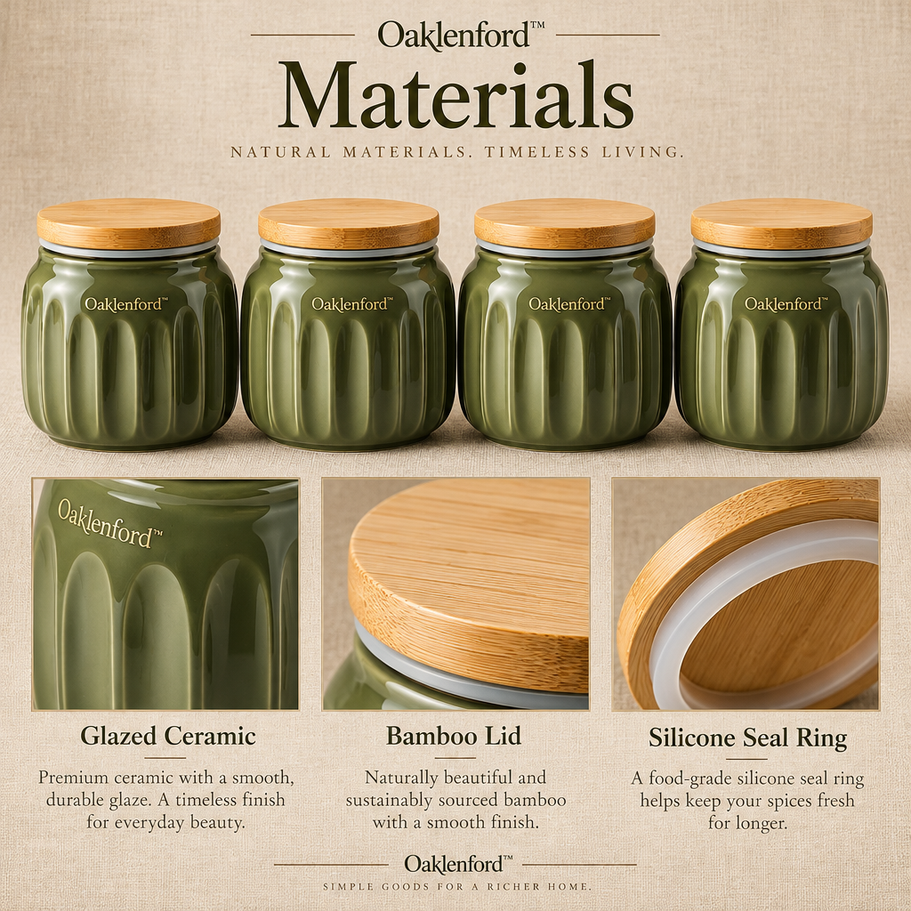 Oaklenford™ Olive Green Ceramic Spice Jar Set materials