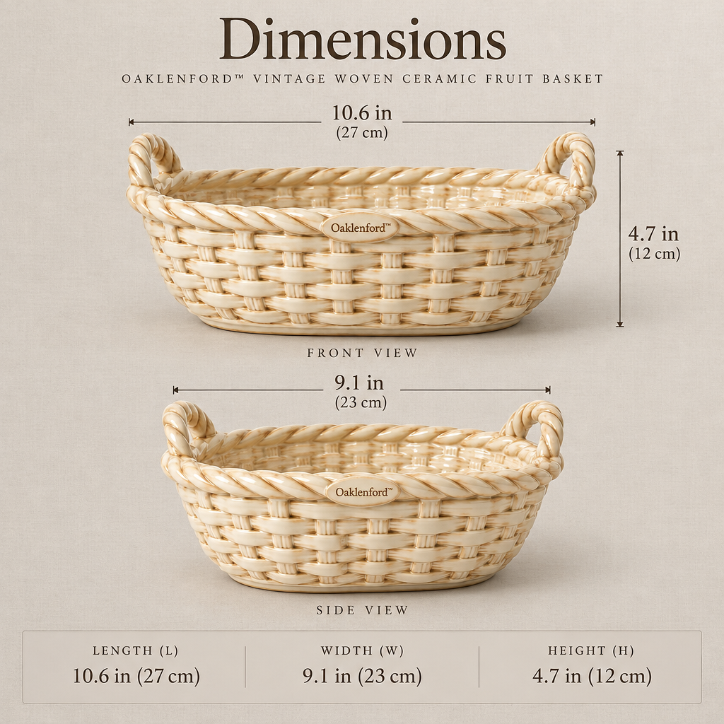 Oaklenford™ Vintage Woven Ceramic Fruit Basket dimensions