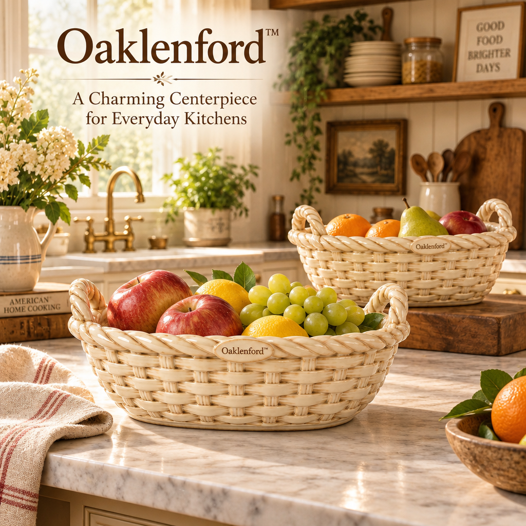 Oaklenford™ Vintage Woven Ceramic Fruit Basket lifestyle