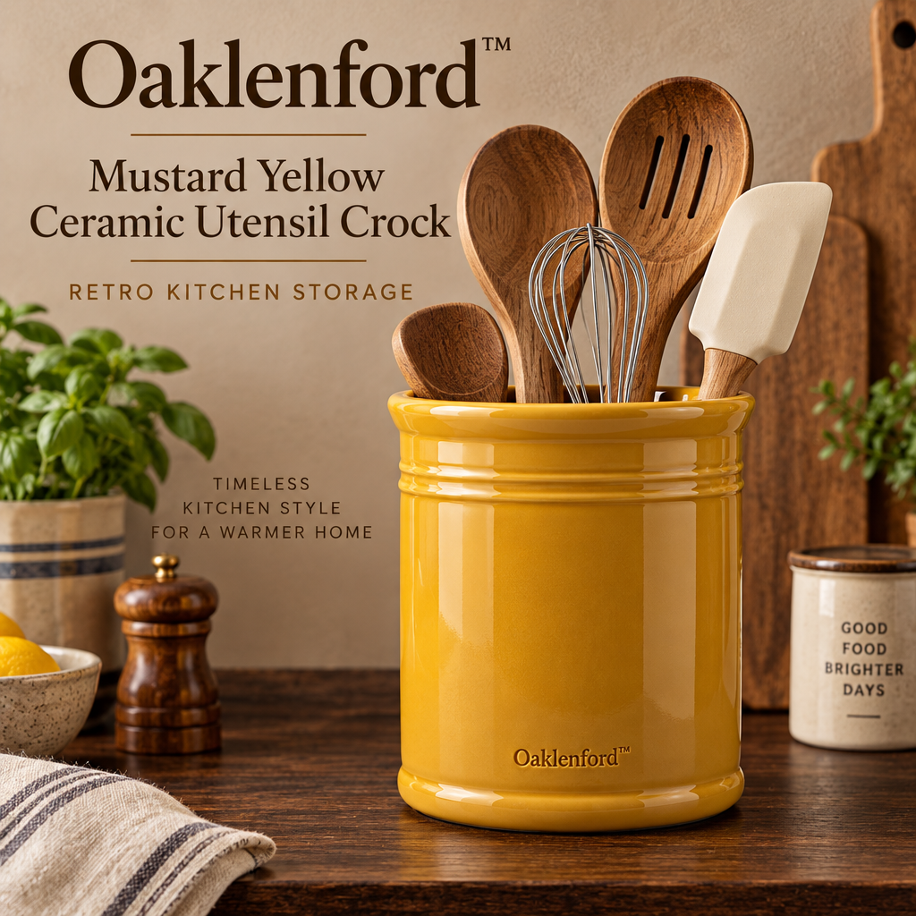 Oaklenford™ Mustard Yellow Ceramic Utensil Crock – Vintage Kitchen Brand Hero