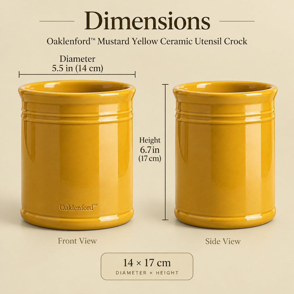 Oaklenford™ Mustard Yellow Ceramic Utensil Crock – Vintage Kitchen Product Dimensions