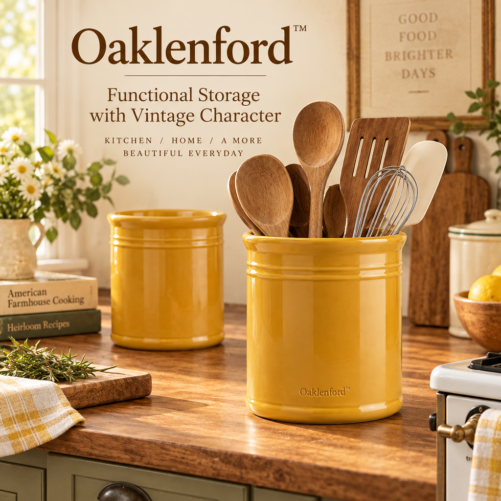 Oaklenford™ Mustard Yellow Ceramic Utensil Crock – Vintage Kitchen Lifestyle Image