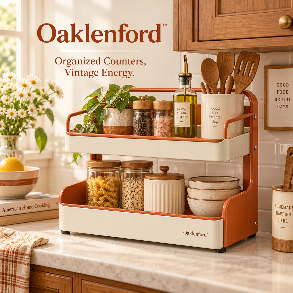 Oaklenford™ Retro Colorblock Countertop Organizer – Vintage Kitchen Lifestyle Image