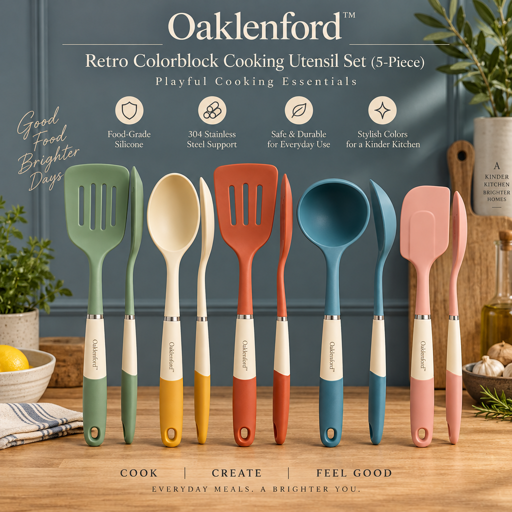 Oaklenford™ Retro Colorblock Cooking Utensil Set (5-Piece) – Vintage Kitchen Brand Hero