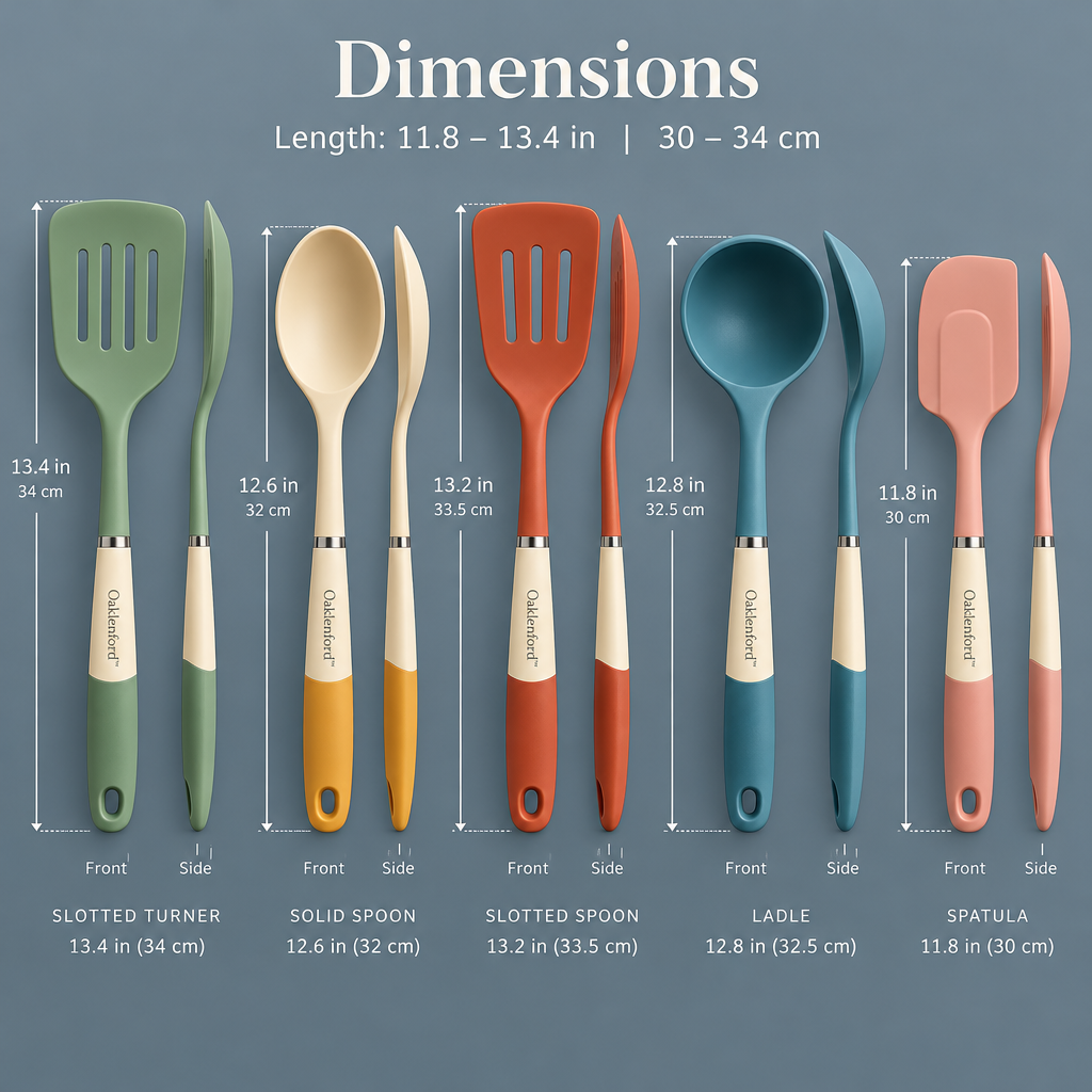 Oaklenford™ Retro Colorblock Cooking Utensil Set (5-Piece) – Vintage Kitchen Product Dimensions