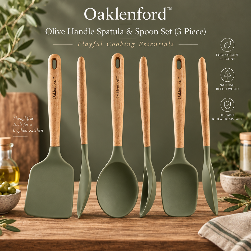 Oaklenford™ Olive Handle Spatula & Spoon Set (3-Piece) – Vintage Kitchen Brand Hero