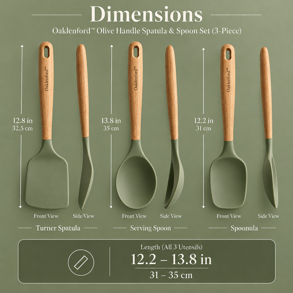 Oaklenford™ Olive Handle Spatula & Spoon Set (3-Piece) – Vintage Kitchen Product Dimensions