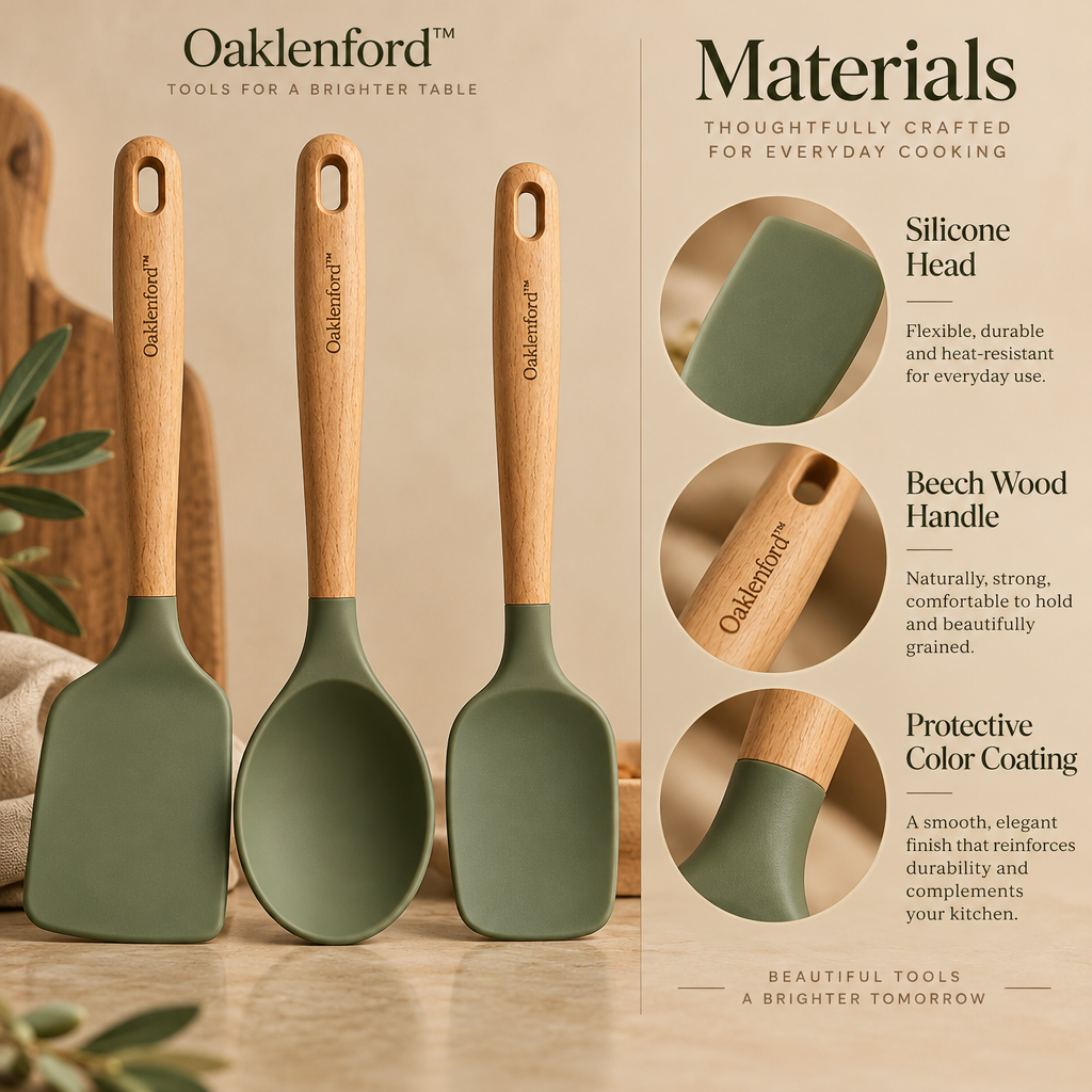 Oaklenford™ Olive Handle Spatula & Spoon Set (3-Piece) – Vintage Kitchen Materials & Structure