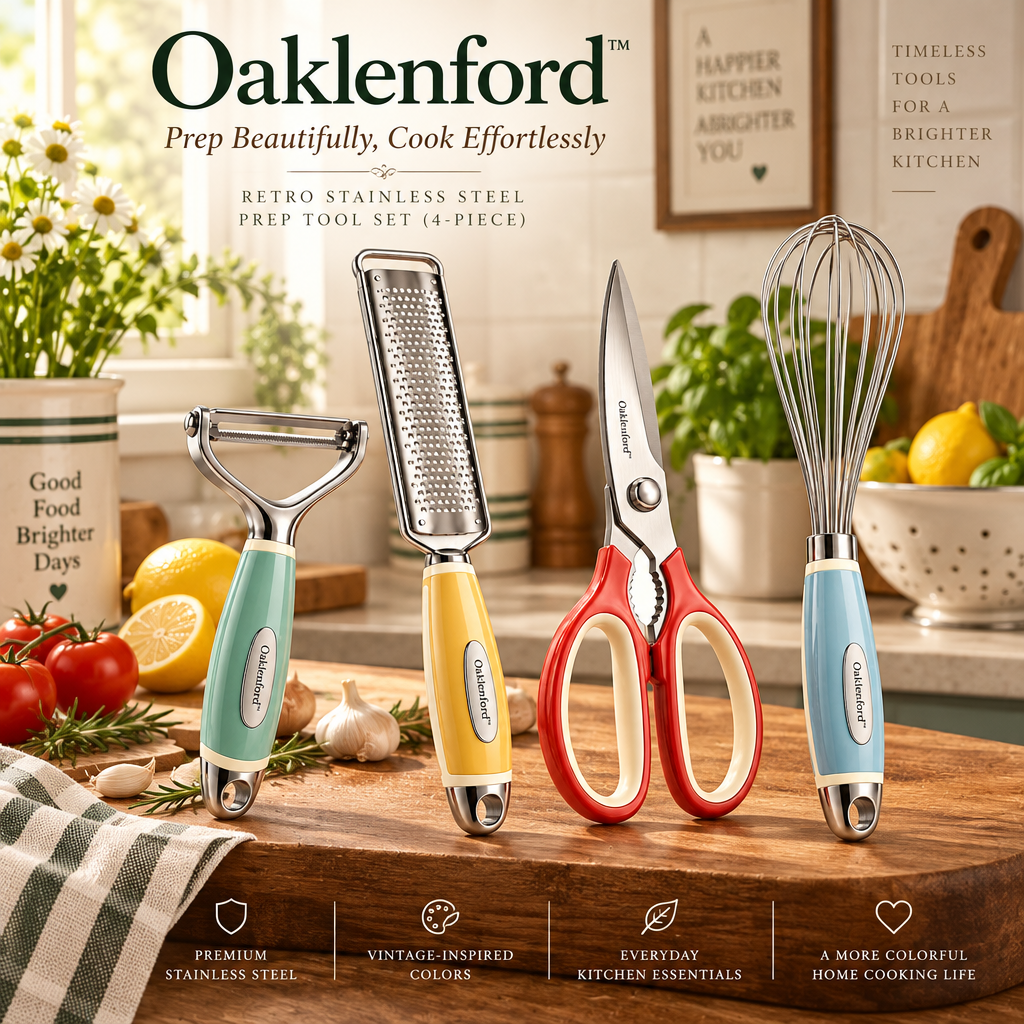 Oaklenford™ Retro Stainless Steel Prep Tool Set (4-Piece) – Vintage Kitchen Lifestyle Image