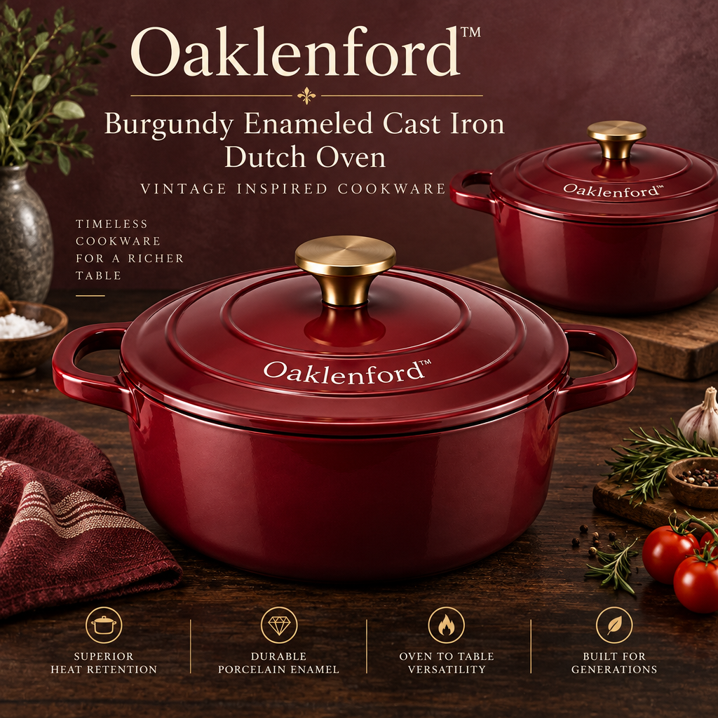 Oaklenford™ Burgundy Enameled Cast Iron Dutch Oven – Vintage Kitchen Brand Hero