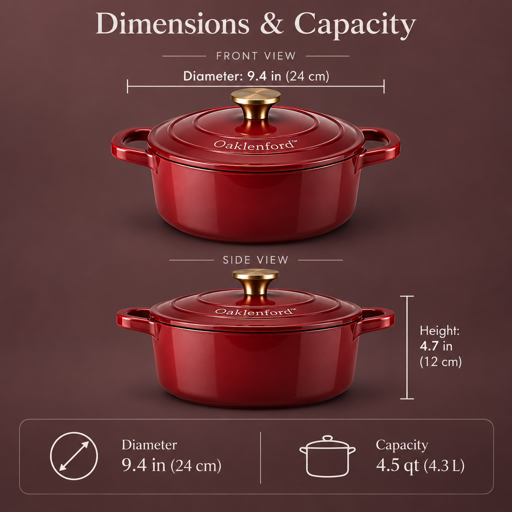 Oaklenford™ Burgundy Enameled Cast Iron Dutch Oven – Vintage Kitchen Product Dimensions