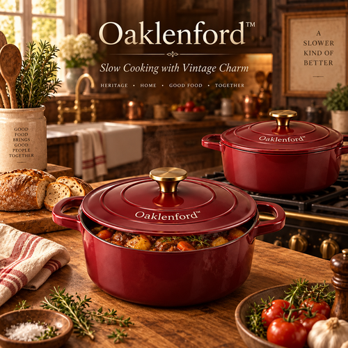 Oaklenford™ Burgundy Enameled Cast Iron Dutch Oven – Vintage Kitchen Lifestyle Image