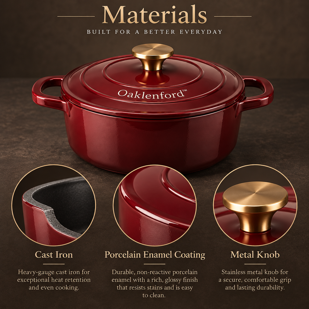 Oaklenford™ Burgundy Enameled Cast Iron Dutch Oven – Vintage Kitchen Materials & Structure
