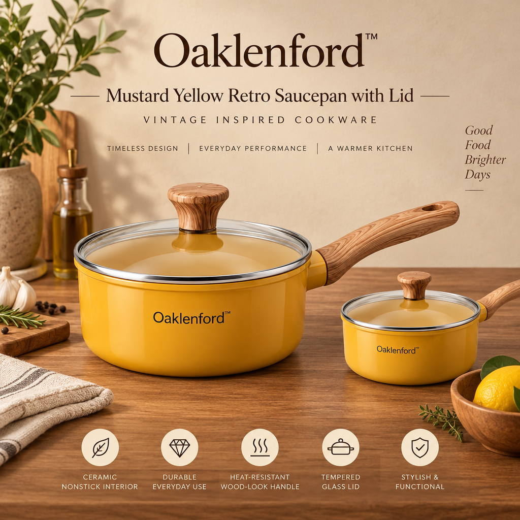 Oaklenford™ Mustard Yellow Retro Saucepan with Lid – Vintage Kitchen Brand Hero