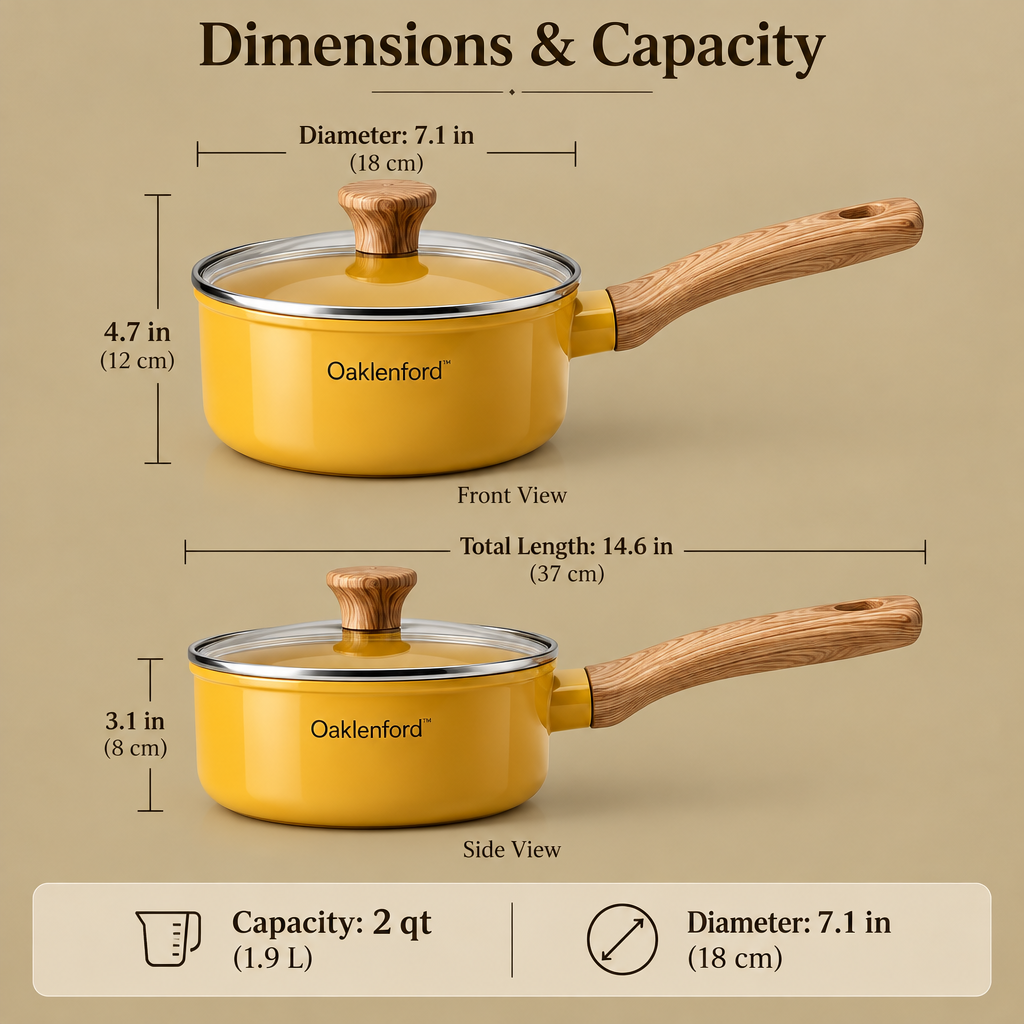 Oaklenford™ Mustard Yellow Retro Saucepan with Lid – Vintage Kitchen Product Dimensions