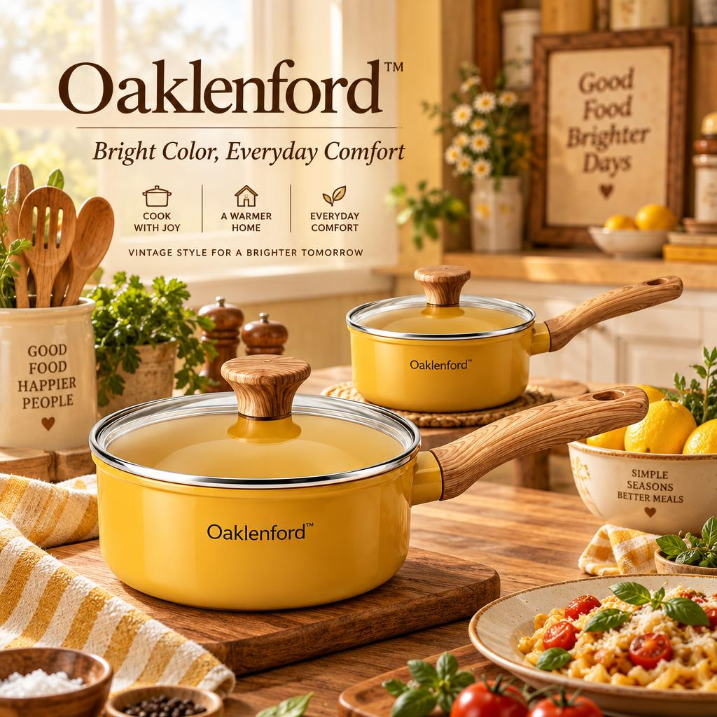 Oaklenford™ Mustard Yellow Retro Saucepan with Lid – Vintage Kitchen Lifestyle Image