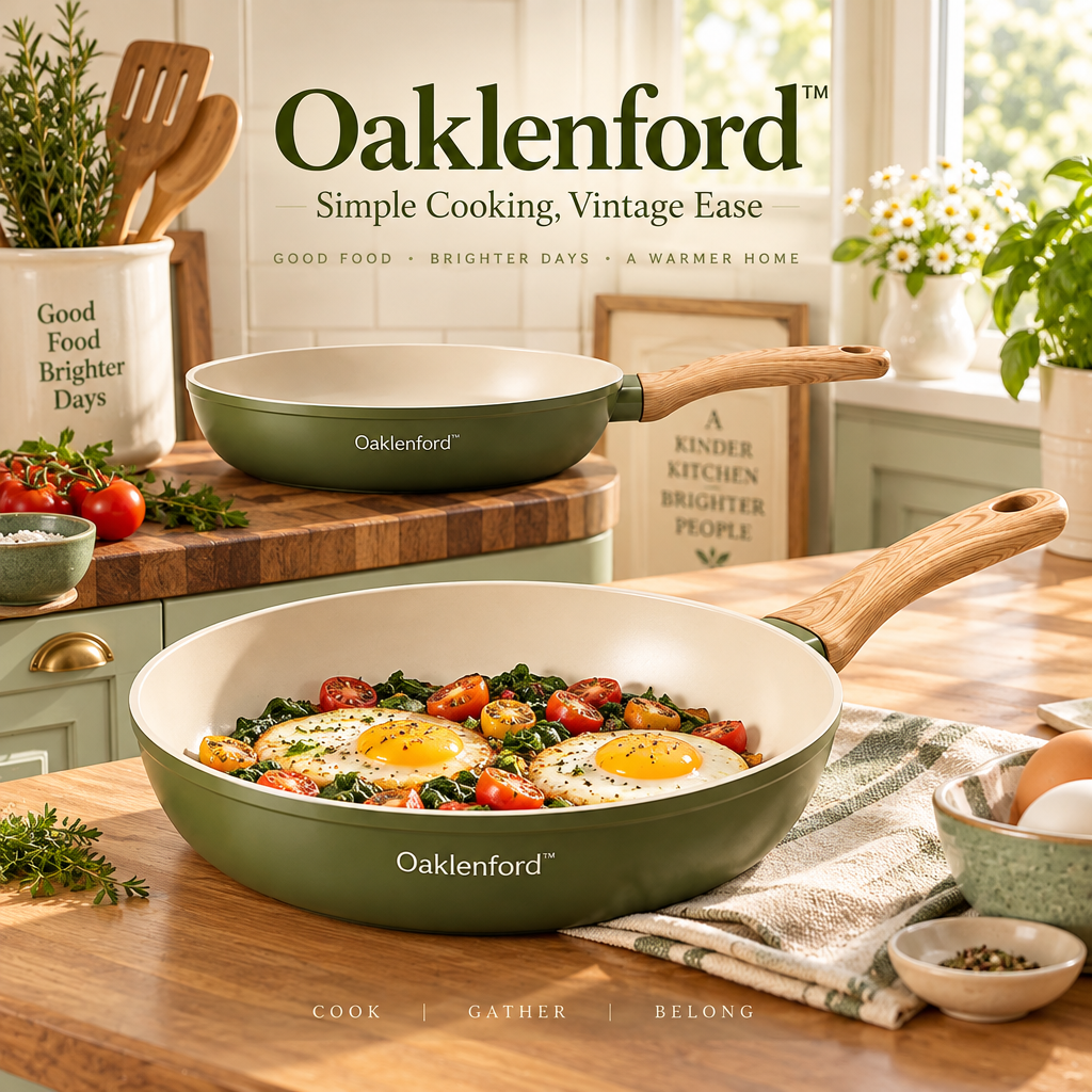 Oaklenford™ Olive Green Nonstick Frying Pan – Vintage Kitchen Lifestyle Image