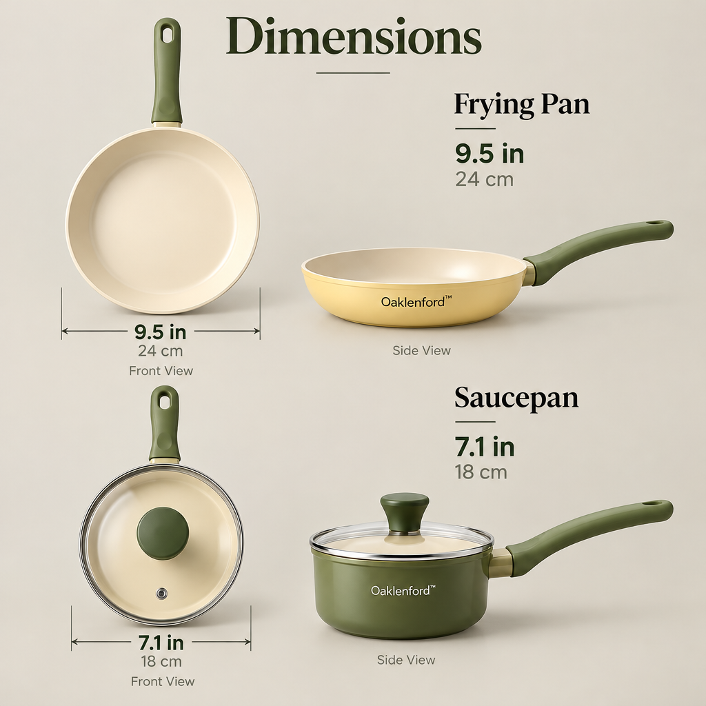 Oaklenford™ Two-Tone Retro Cookware Duo – Vintage Kitchen Product Dimensions