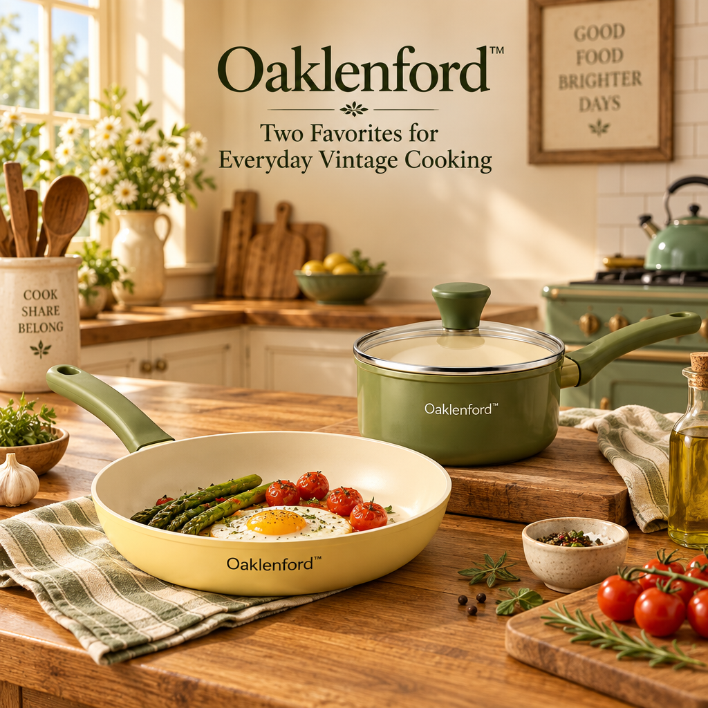 Oaklenford™ Two-Tone Retro Cookware Duo – Vintage Kitchen Lifestyle Image